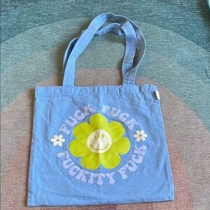 Thinking Out Of Turn Blue Mini Tote Bag with Smiley Flower Design Quote